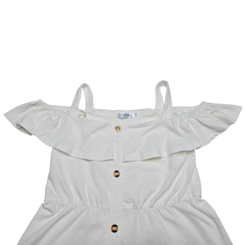 Greatchy Dress Girls L 10-12 White Cold Shoulder Ruffle Button Front Cottagecore